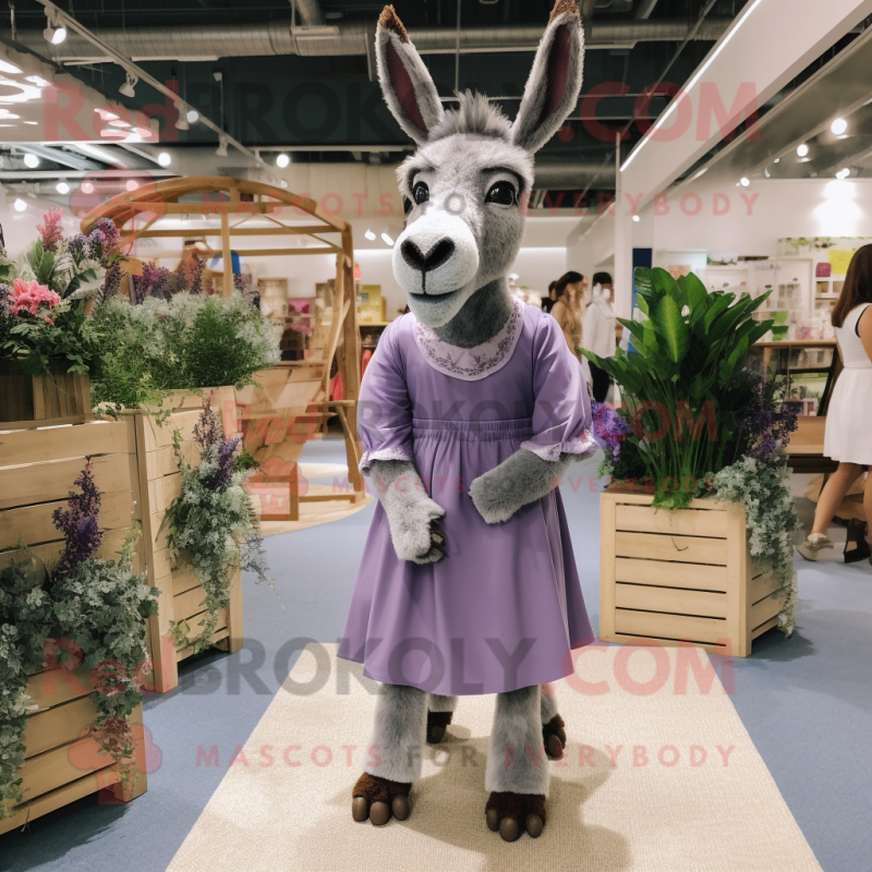 Lavender Donkey mascot costume character dressed with a Midi Dress and Belts Lavender Donkey mascot costume character dressed with a Midi Dress and Belts