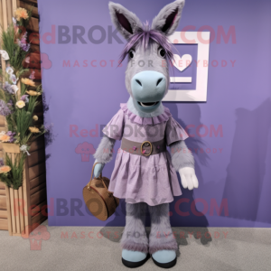 Lavender Donkey mascot costume character dressed with a Midi Dress and Belts