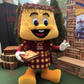 Maroon Grilled Cheese Sandwich mascot costume character dressed with a Flannel Shirt and Ties