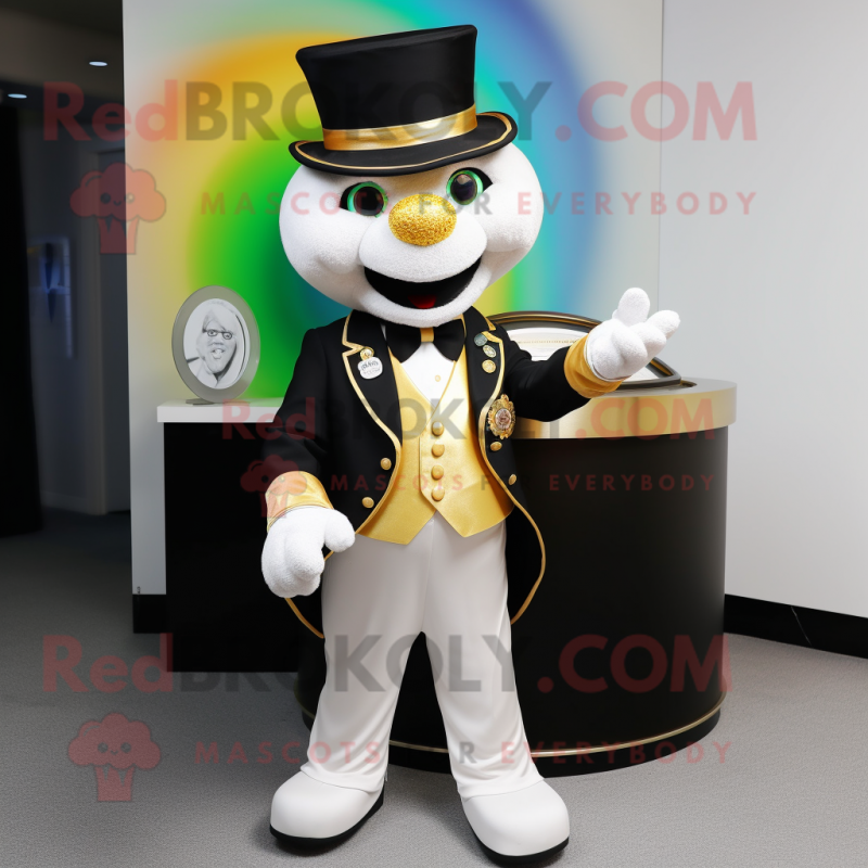 White Pot Of Gold mascot costume character dressed with a Tuxedo and Keychains White Pot Of Gold mascot costume character dressed with a Tuxedo and Keychains