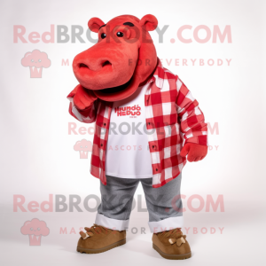 Red Hippopotamus mascot costume character dressed with a Flannel Shirt and Shoe clips