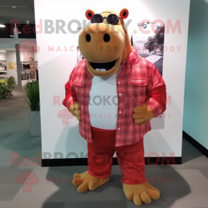 Red Hippopotamus mascot costume character dressed with a Flannel Shirt and Shoe clips