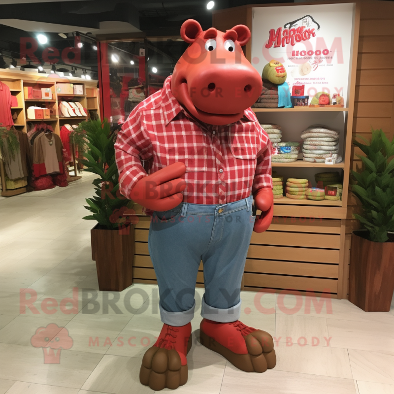 Red Hippopotamus mascot costume character dressed with a Flannel Shirt and Shoe clips