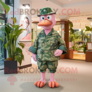 Olive Flamingo mascot costume character dressed with a Bermuda Shorts and Berets