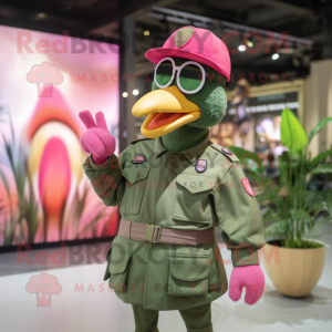 Olive Flamingo mascot costume character dressed with a Bermuda Shorts and Berets