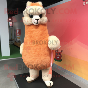 Peach Alpaca mascot costume character dressed with a T-Shirt and Shoe laces