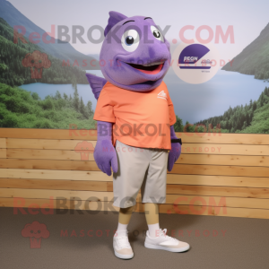 Lavender Salmon mascot costume character dressed with a Polo Shirt and Shoe clips