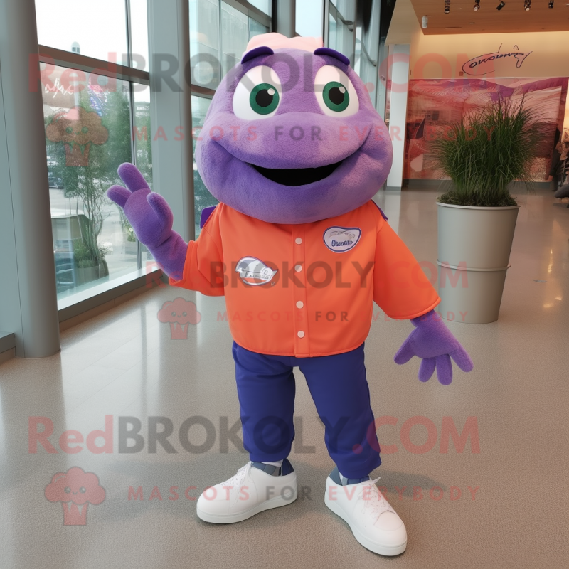 Lavender Salmon mascot costume character dressed with a Polo Shirt and Shoe clips