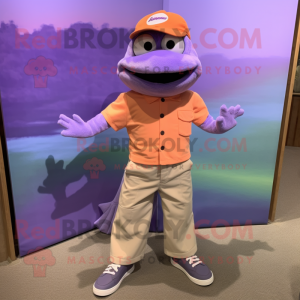 Lavender Salmon mascot costume character dressed with a Polo Shirt and Shoe clips