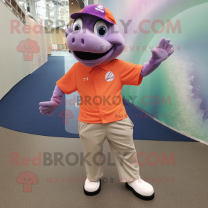 Lavender Salmon mascot costume character dressed with a Polo Shirt and Shoe clips
