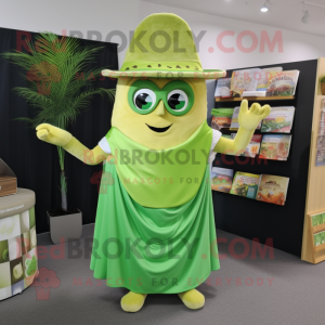 Lime Green Tacos mascot costume character dressed with a Wrap Skirt and Reading glasses