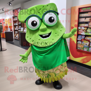 Lime Green Tacos mascot costume character dressed with a Wrap Skirt and Reading glasses