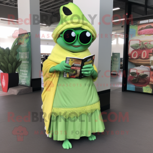 Lime Green Tacos mascot costume character dressed with a Wrap Skirt and Reading glasses