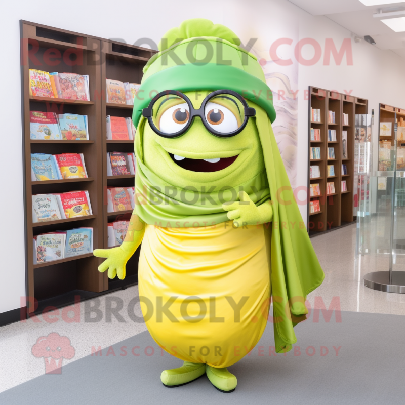 Lime Green Tacos mascot costume character dressed with a Wrap Skirt and Reading glasses