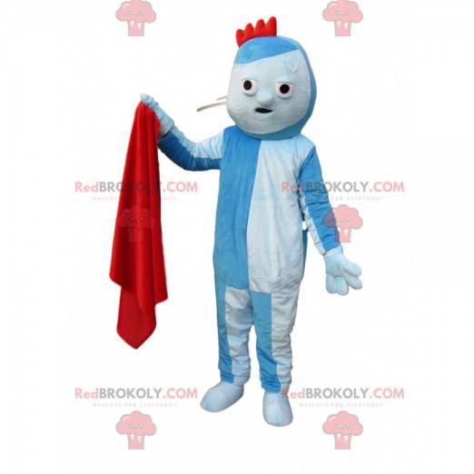 Originele mascotte met blauw karakter met een kleine rode kroon