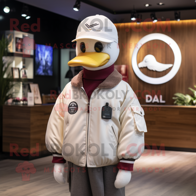 nan Swan mascot costume character dressed with a Bomber Jacket and Beanies