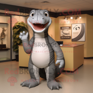 Gray Titanoboa mascot costume character dressed with a Henley Tee and Bow ties