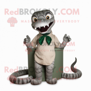 Gray Titanoboa mascot costume character dressed with a Henley Tee and Bow ties