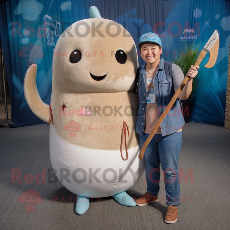 Tan Narwhal mascot costume character dressed with a Boyfriend Jeans and Necklaces