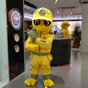 Lemon Yellow Air Force Soldier mascot costume character dressed with a Windbreaker and Bracelet watches