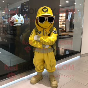 Lemon Yellow Air Force Soldier mascot costume character dressed with a Windbreaker and Bracelet watches