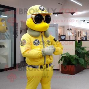 Lemon Yellow Air Force Soldier mascot costume character dressed with a Windbreaker and Bracelet watches