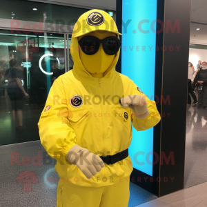 Lemon Yellow Air Force Soldier mascot costume character dressed with a Windbreaker and Bracelet watches