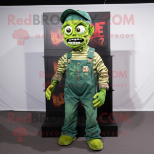 Green Zombie mascot costume character dressed with a Overalls and Cummerbunds