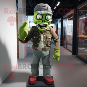 Green Zombie mascot costume character dressed with a Overalls and Cummerbunds