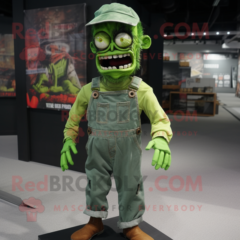 Green Zombie mascot costume character dressed with a Overalls and Cummerbunds