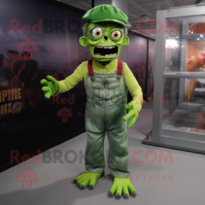 Green Zombie mascot costume character dressed with a Overalls and Cummerbunds