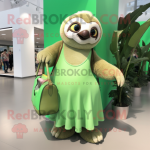 Green Sloth mascot costume character dressed with a Maxi Skirt and Handbags