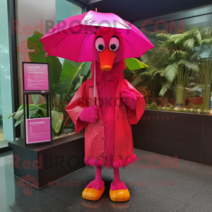 Magenta Flamingo mascot costume character dressed with a Raincoat and Wallets