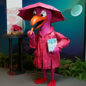 Magenta Flamingo mascot costume character dressed with a Raincoat and Wallets