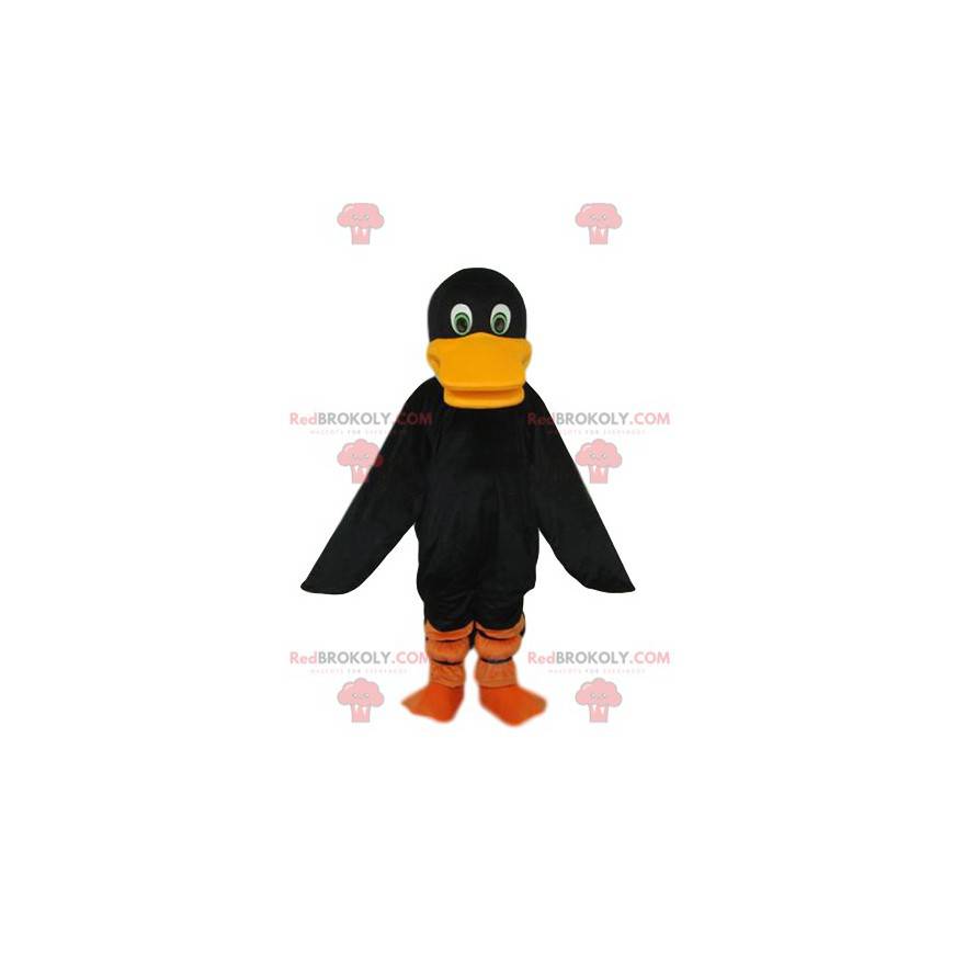 Mascote do pato preto com um grande bico laranja -