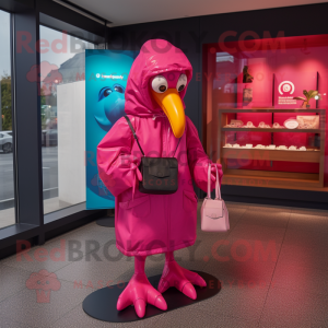 Magenta Flamingo mascot costume character dressed with a Raincoat and Wallets