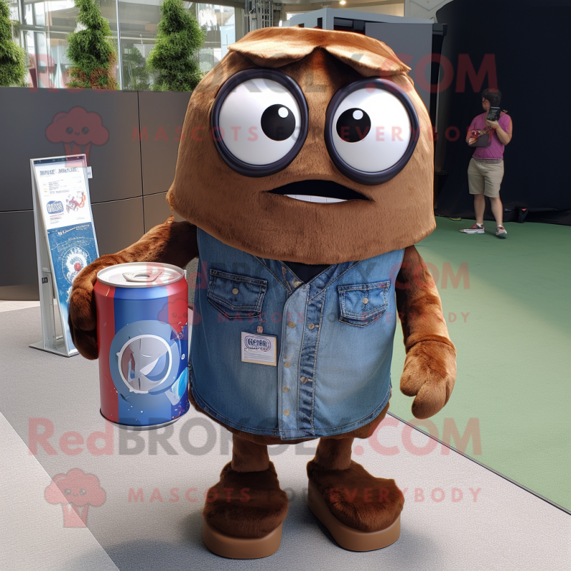 Brown Soda Can mascot costume character dressed with a Denim Shorts and Briefcases Brown Soda Can mascot costume character dressed with a Denim Shorts and Briefcases