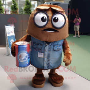 Brown Soda Can mascot costume character dressed with a Denim Shorts and Briefcases