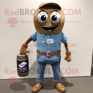 Brown Soda Can mascot costume character dressed with a Denim Shorts and Briefcases