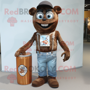 Brown Soda Can mascot costume character dressed with a Denim Shorts and Briefcases