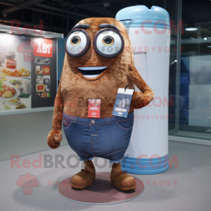Brown Soda Can mascot costume character dressed with a Denim Shorts and Briefcases
