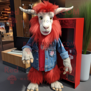Red Angora Goat mascot costume character dressed with a Chambray Shirt and Keychains