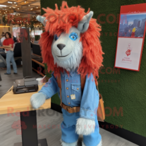 Red Angora Goat mascot costume character dressed with a Chambray Shirt and Keychains