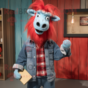 Red Angora Goat mascot costume character dressed with a Chambray Shirt and Keychains