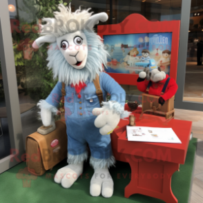 Red Angora Goat mascot costume character dressed with a Chambray Shirt and Keychains