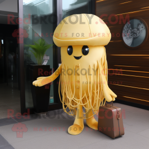 Gold Jellyfish mascot costume character dressed with a Suit and Clutch bags