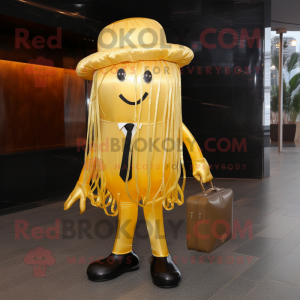 Gold Jellyfish mascot costume character dressed with a Suit and Clutch bags