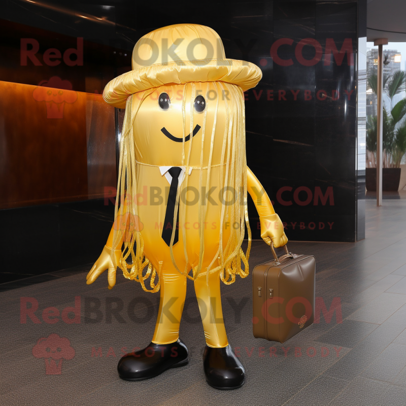 Gold Jellyfish mascot costume character dressed with a Suit and Clutch bags Gold Jellyfish mascot costume character dressed with a Suit and Clutch bags