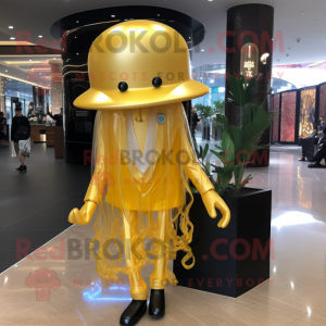 Gold Jellyfish mascot costume character dressed with a Suit and Clutch bags