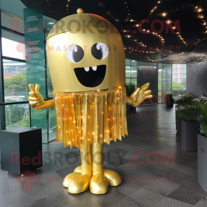 Gold Jellyfish mascot costume character dressed with a Suit and Clutch bags